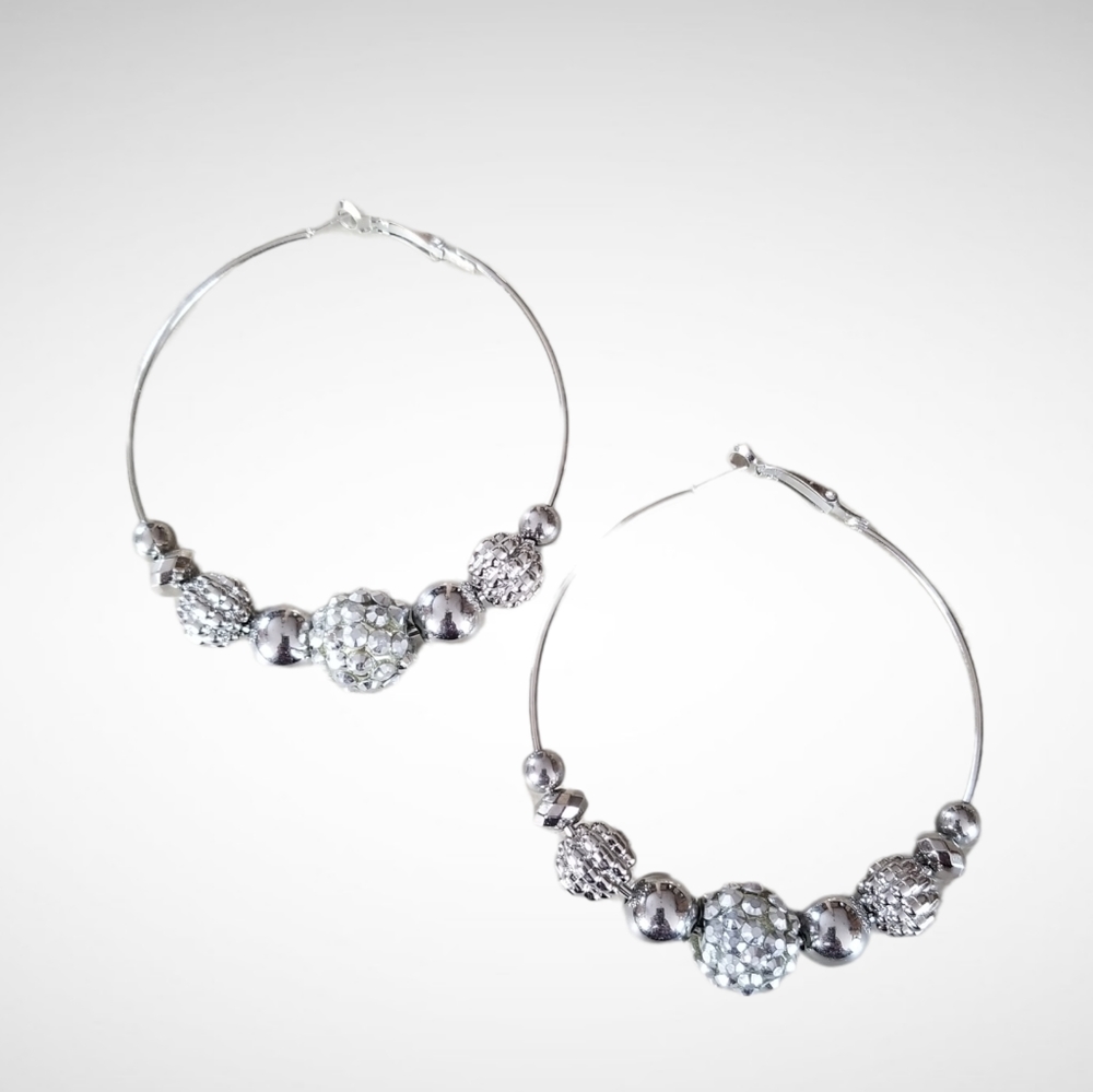 Lightweight Large 2.5" Silver Tone Beaded Hoop Style Earrings NWT